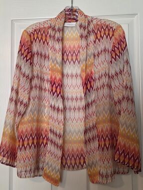 Chico's Aztec Carinna Pattern Rumba Orange Open Sheer Cardigan Jacket Sz 1/M
